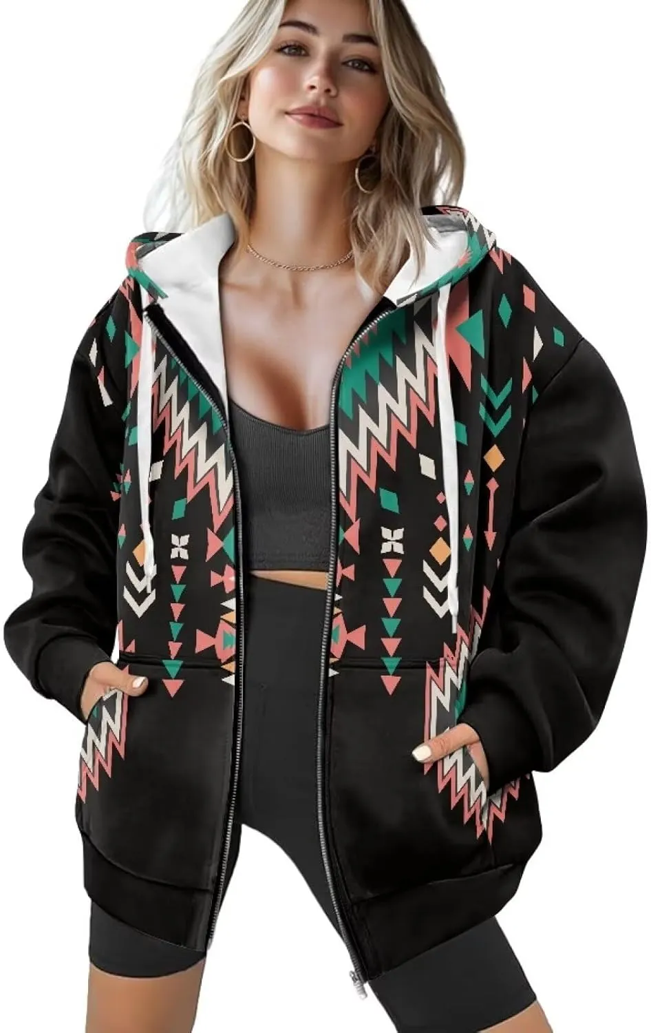 Women's Aztec Print Hoodies Casual Long Sleeve Zip Up Ethnic Western Drawstring Hooded Sweatshirts with Pockets