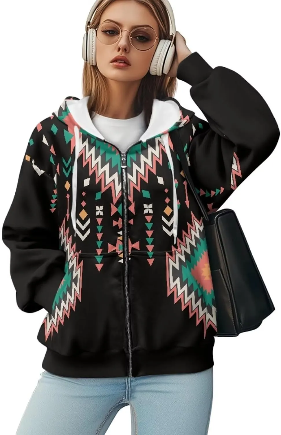 Women's Aztec Print Hoodies Casual Long Sleeve Zip Up Ethnic Western Drawstring Hooded Sweatshirts with Pockets
