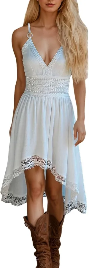 Women's Boho Floral Dress Sexy V Neck Spaghetti Strap Mini Sundress Lace High Low Hem Front Tie Western Vacation Dresses