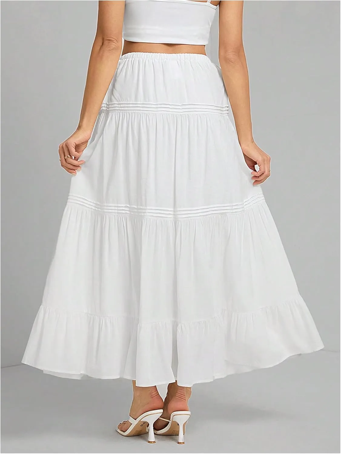 Women's Boho Flowy Maxi Skirt Ruffle Elastic Waist Holiday Long Skirts