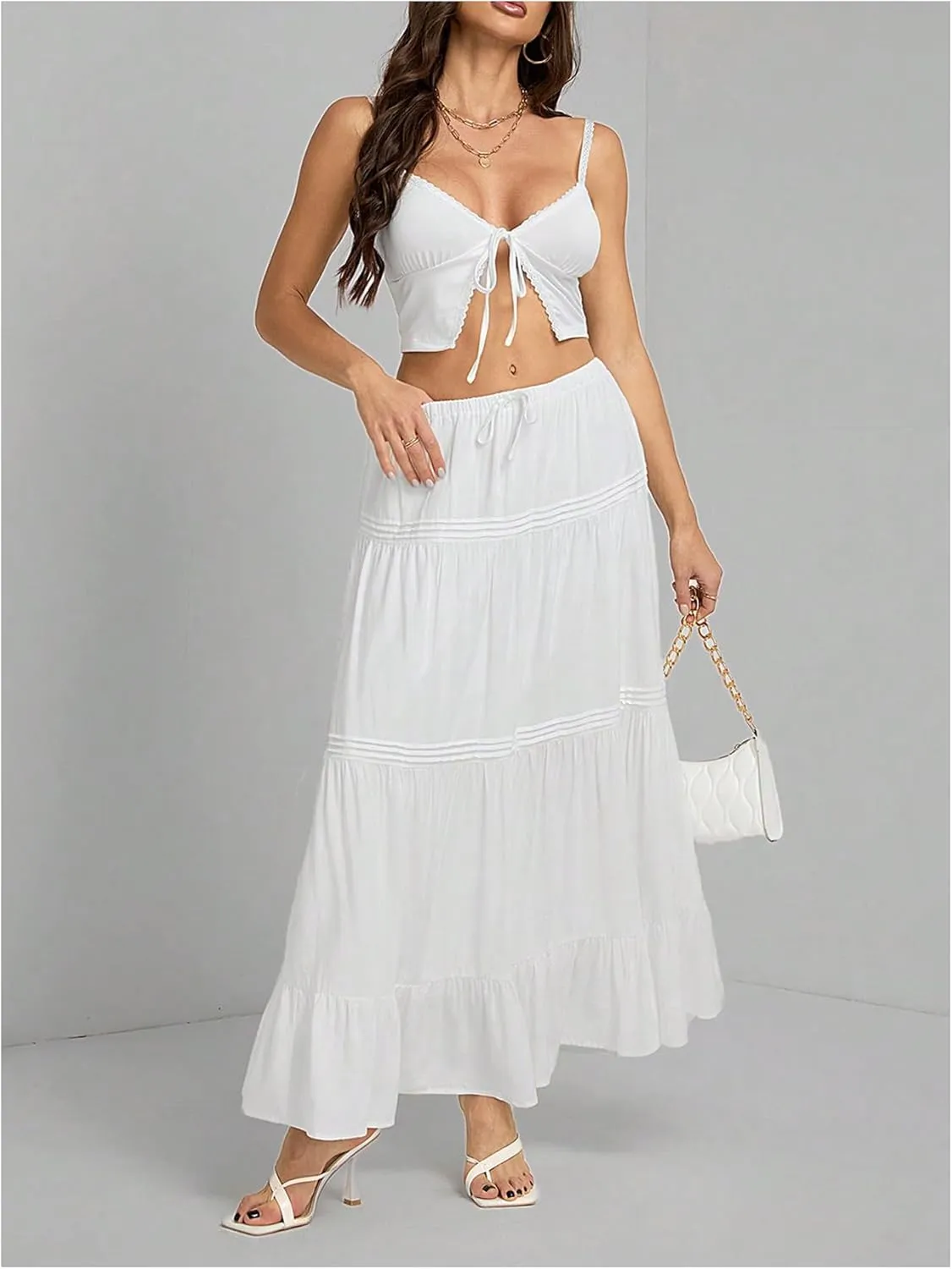 Women's Boho Flowy Maxi Skirt Ruffle Elastic Waist Holiday Long Skirts