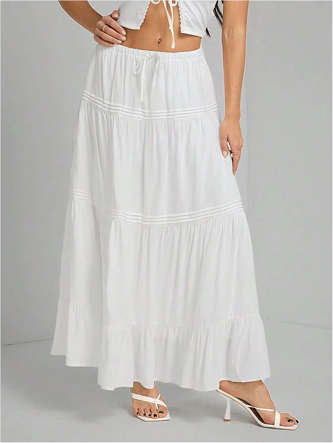 Women's Boho Flowy Maxi Skirt Ruffle Elastic Waist Holiday Long Skirts