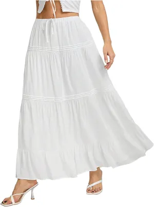Women's Boho Flowy Maxi Skirt Ruffle Elastic Waist Holiday Long Skirts