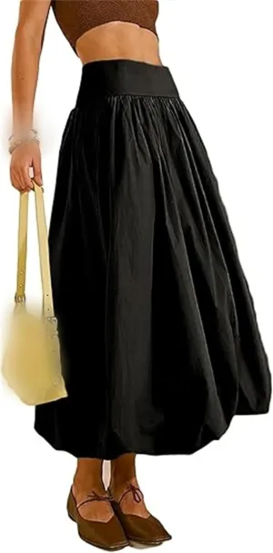 Women's Bubble Maxi Skirts Y2k a Line Long Skirt, Casual Ruffle Pleated Midi Dress, Womens Maxi Skirt