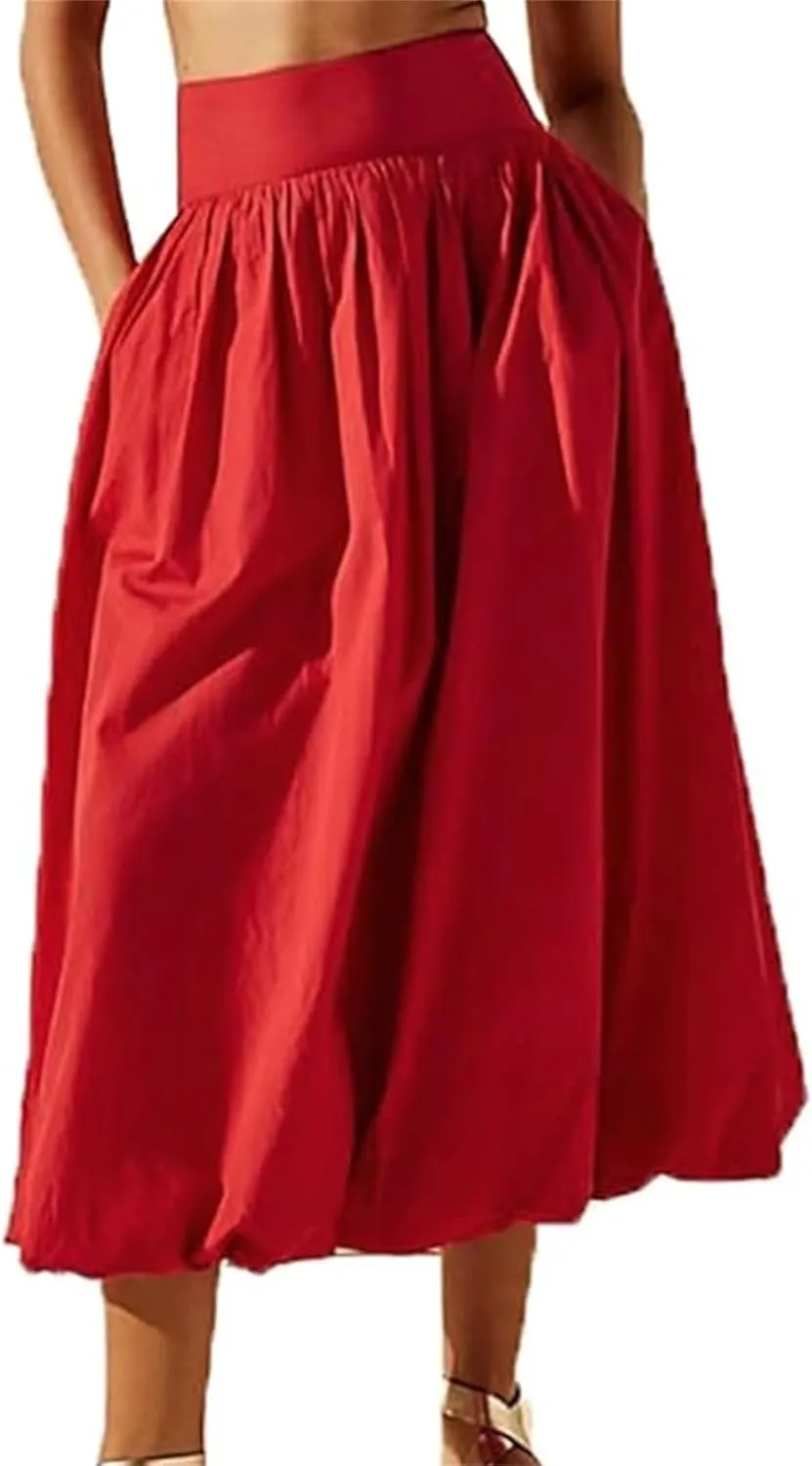 Women's Bubble Maxi Skirts Y2k a Line Long Skirt, Casual Ruffle Pleated Midi Dress, Womens Maxi Skirt