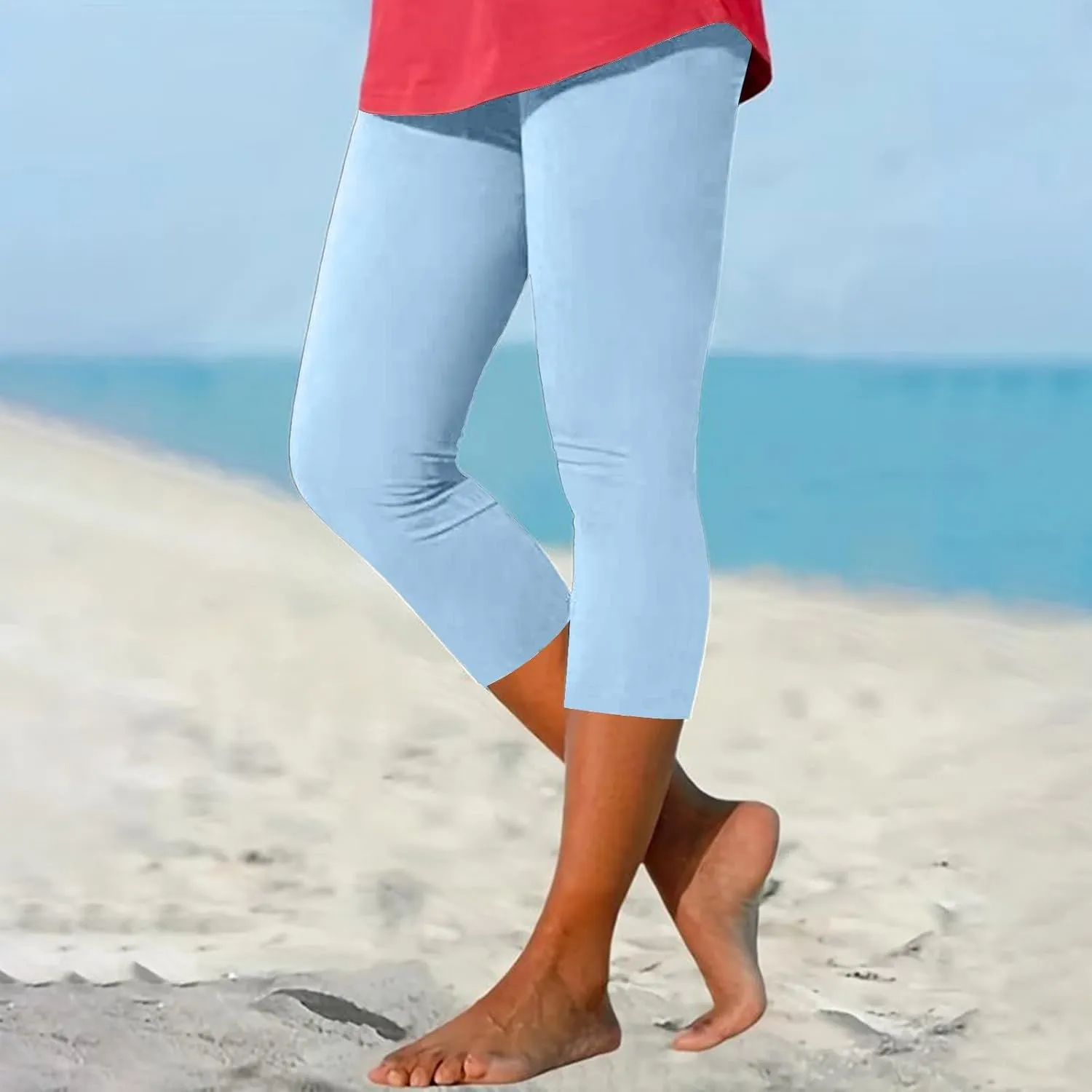 Women's Capri Yoga Pants Stretch High Waist Elastic Cropped Pants Resort Beach Leggings Casual Summer Pedal Pushers
