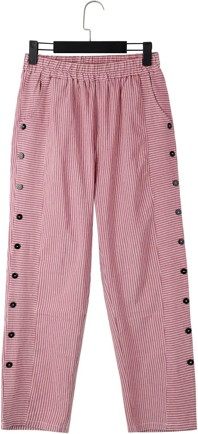 Women's Casual Pants Striped Side Button Elastic Waist Trendy Pants Straight Leg Baggy Trousers with Pocket
