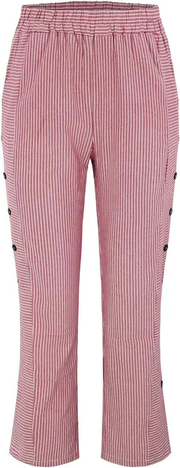Women's Casual Pants Striped Side Button Elastic Waist Trendy Pants Straight Leg Baggy Trousers with Pocket