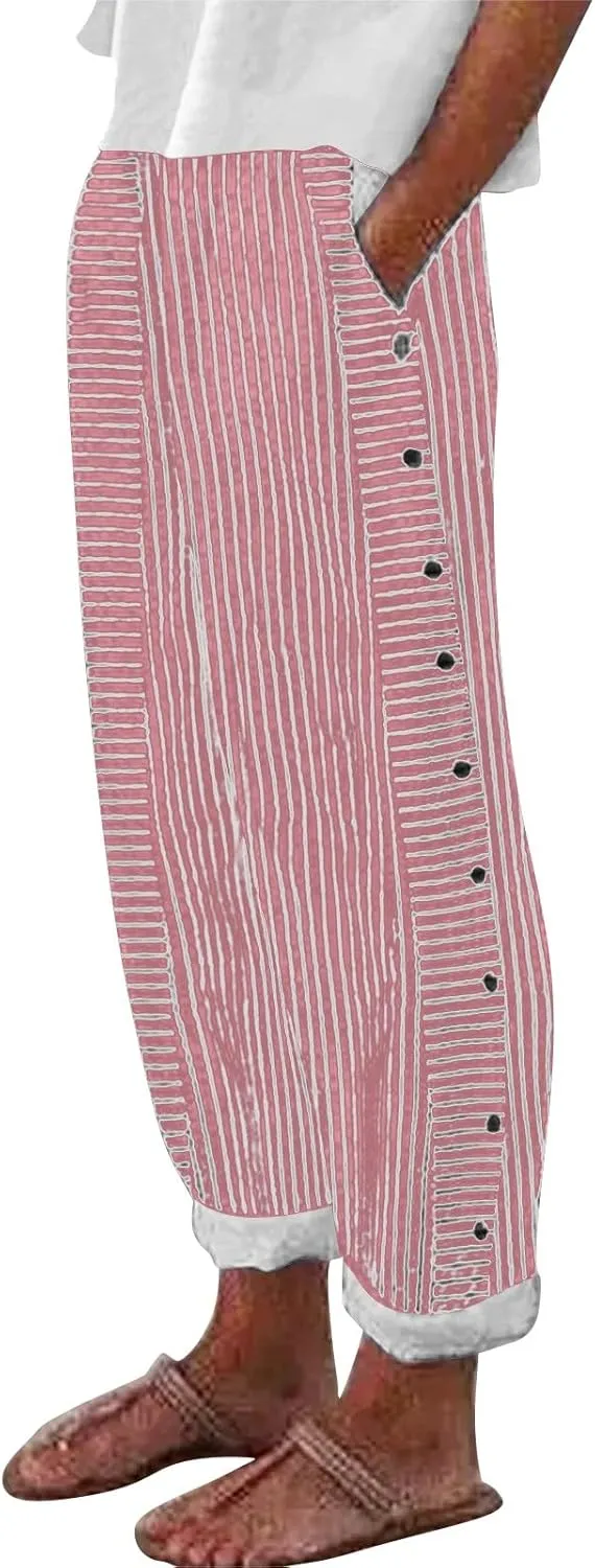 Women's Casual Pants Striped Side Button Elastic Waist Trendy Pants Straight Leg Baggy Trousers with Pocket