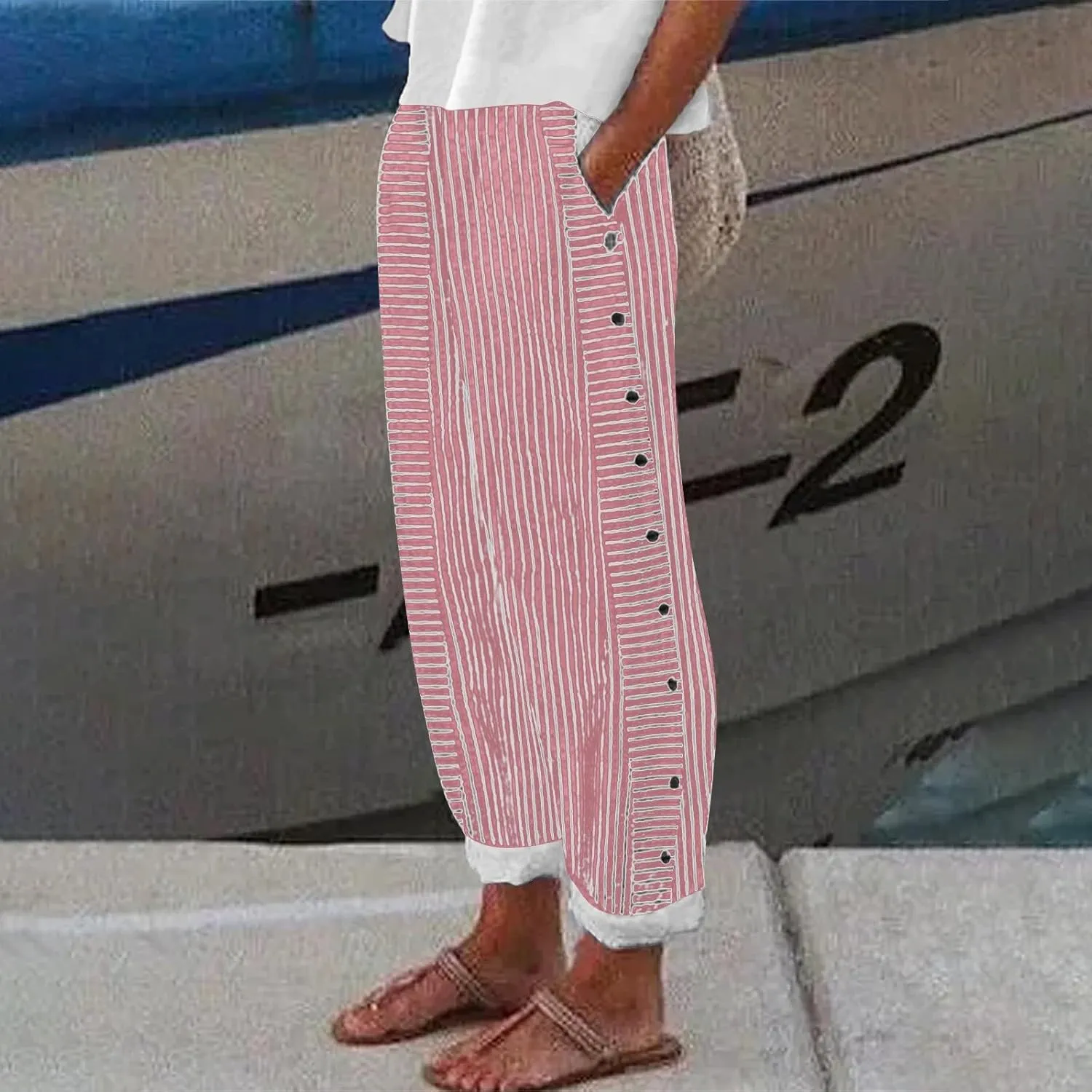 Women's Casual Pants Striped Side Button Elastic Waist Trendy Pants Straight Leg Baggy Trousers with Pocket