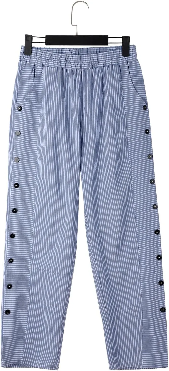 Women's Casual Pants Striped Side Button Elastic Waist Trendy Pants Straight Leg Baggy Trousers with Pocket