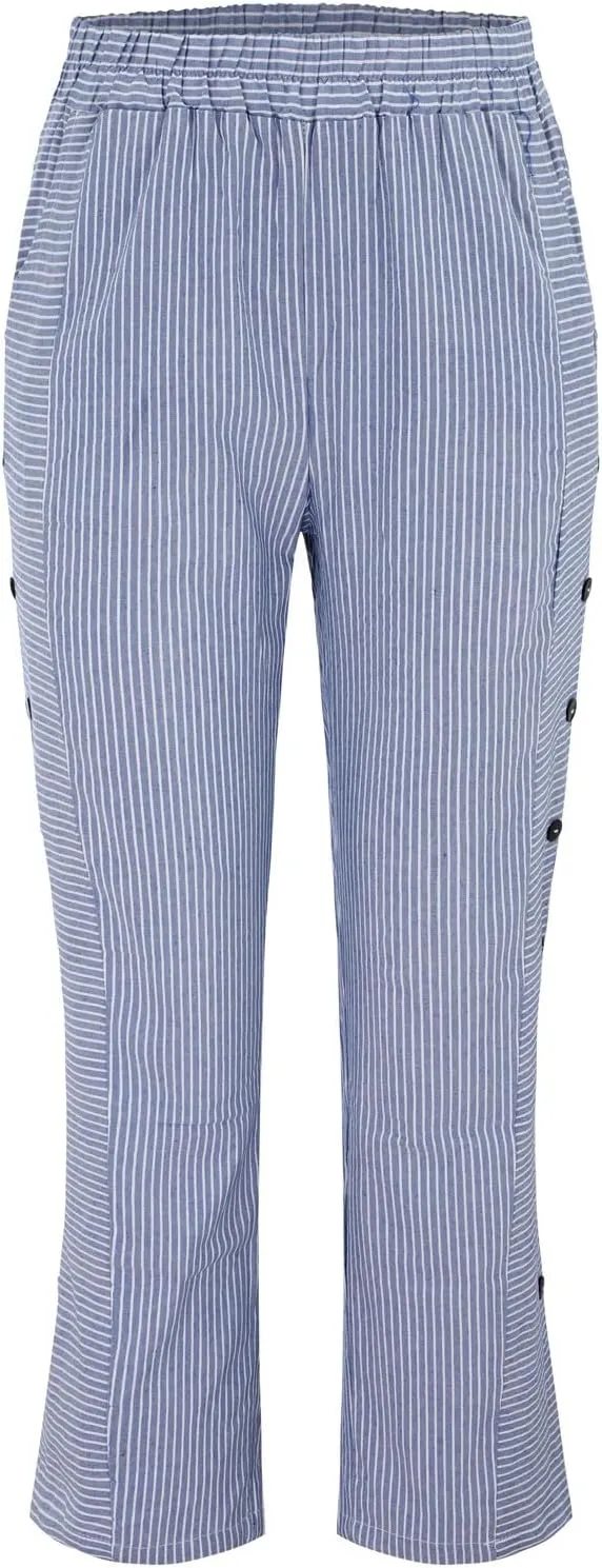 Women's Casual Pants Striped Side Button Elastic Waist Trendy Pants Straight Leg Baggy Trousers with Pocket
