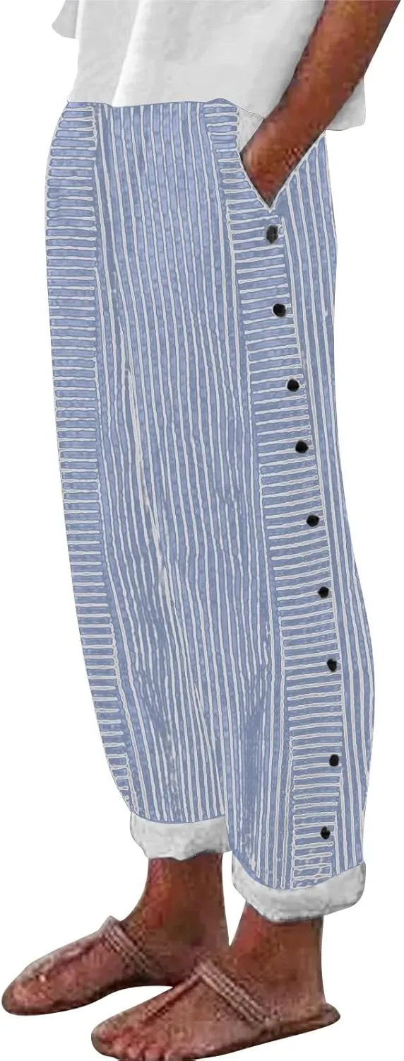 Women's Casual Pants Striped Side Button Elastic Waist Trendy Pants Straight Leg Baggy Trousers with Pocket