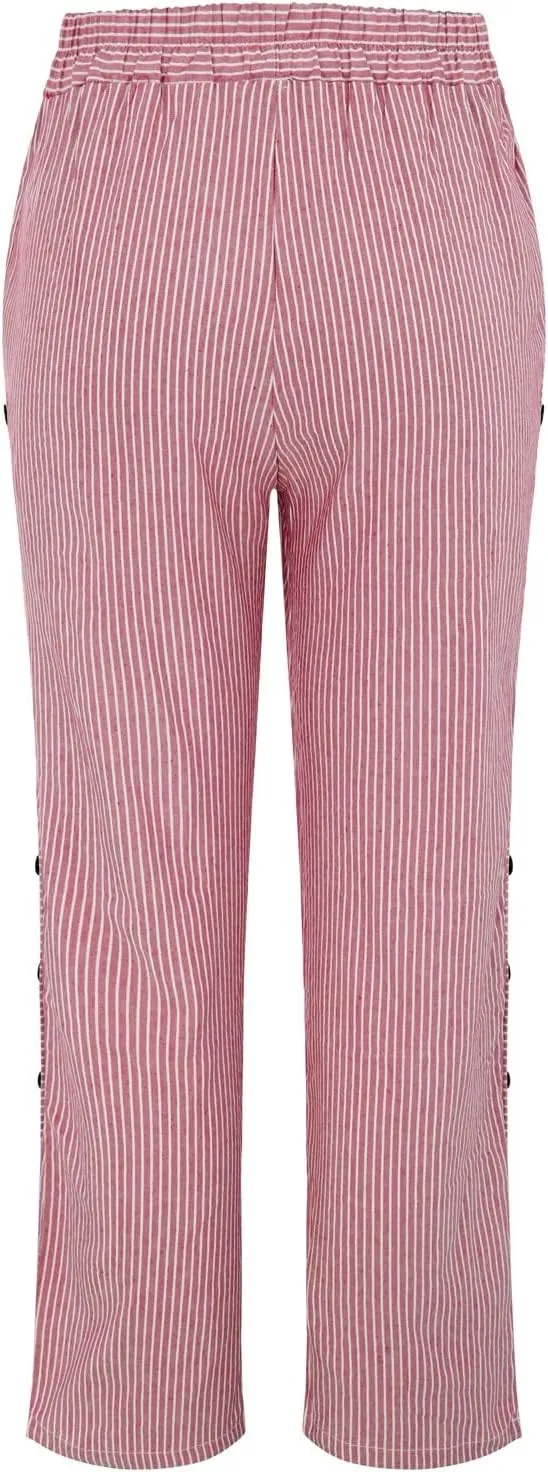 Women's Casual Pants Striped Side Button Elastic Waist Trendy Pants Straight Leg Baggy Trousers with Pocket