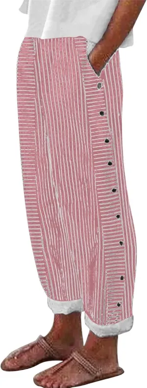 Women's Casual Pants Striped Side Button Elastic Waist Trendy Pants Straight Leg Baggy Trousers with Pocket