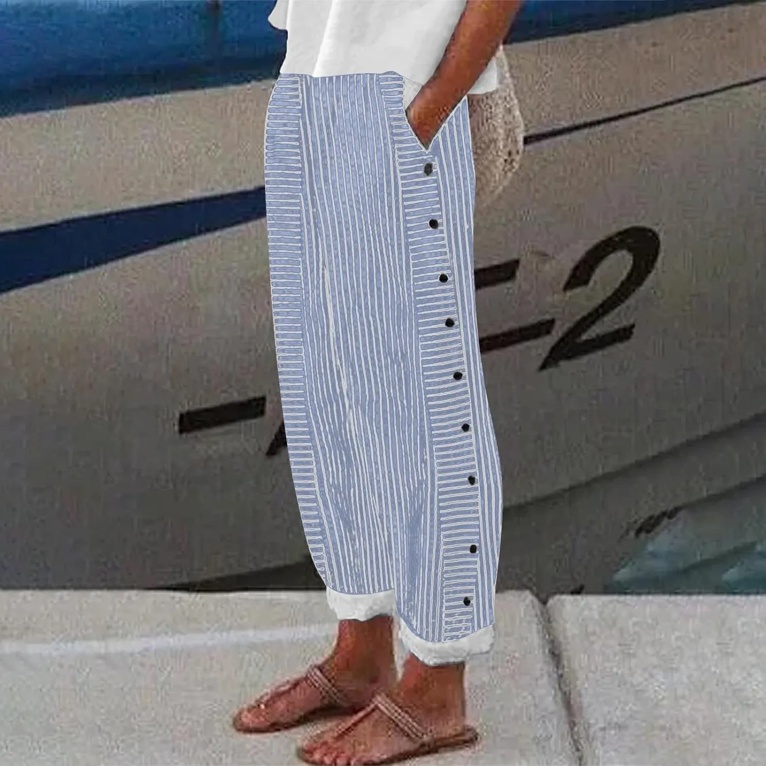 Women's Casual Pants Striped Side Button Elastic Waist Trendy Pants Straight Leg Baggy Trousers with Pocket