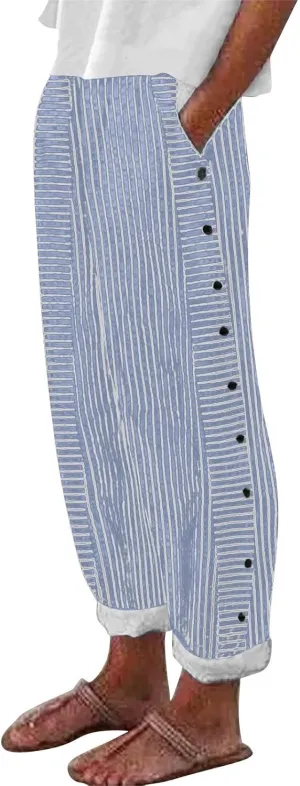 Women's Casual Pants Striped Side Button Elastic Waist Trendy Pants Straight Leg Baggy Trousers with Pocket