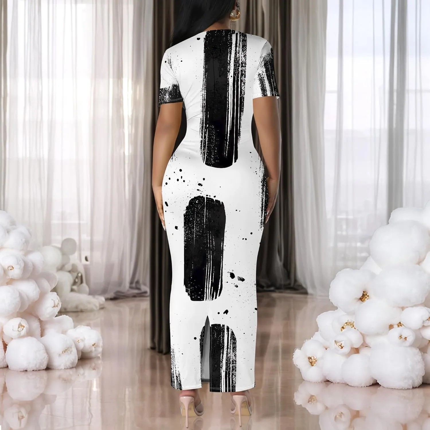 Women's Casual Sexy Bodycon Floral Print Pencil Maxi Dress Summer Scoop Neck Basic Short Sleeve Long Fitted Dresses