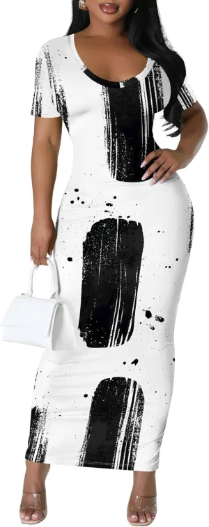 Women's Casual Sexy Bodycon Floral Print Pencil Maxi Dress Summer Scoop Neck Basic Short Sleeve Long Fitted Dresses