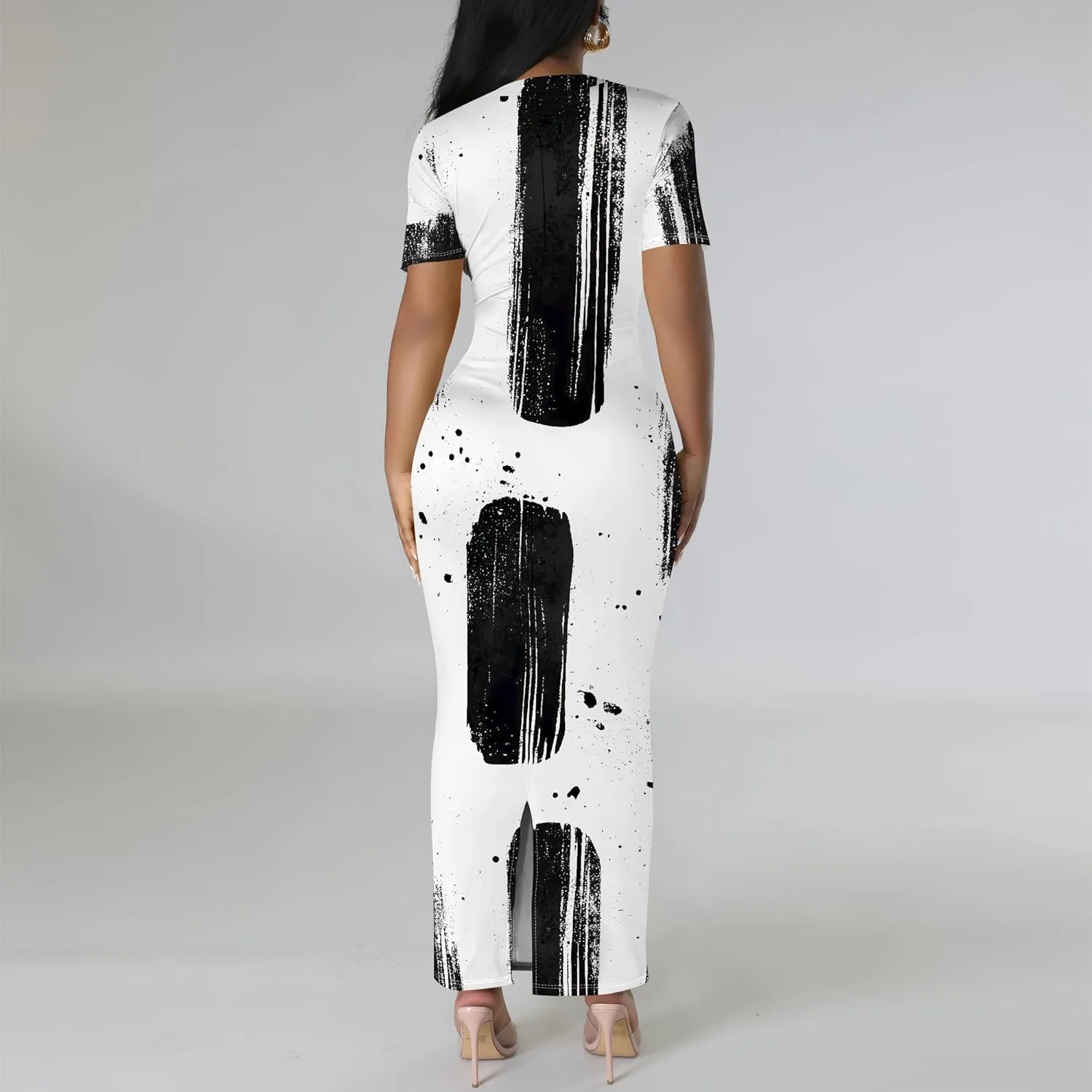 Women's Casual Sexy Bodycon Floral Print Pencil Maxi Dress Summer Scoop Neck Basic Short Sleeve Long Fitted Dresses
