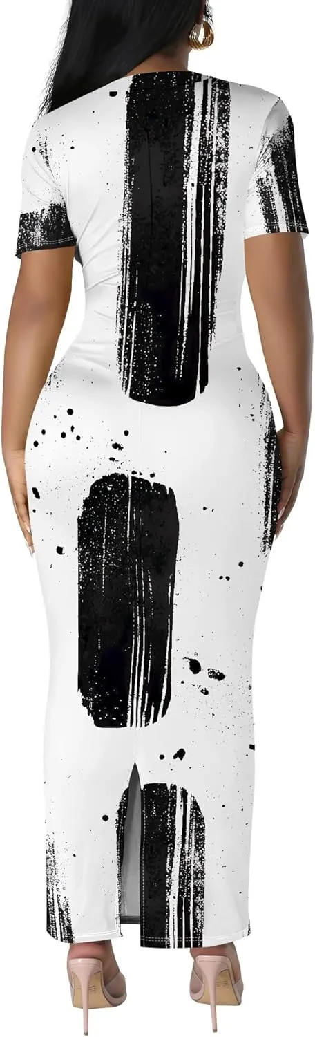 Women's Casual Sexy Bodycon Floral Print Pencil Maxi Dress Summer Scoop Neck Basic Short Sleeve Long Fitted Dresses