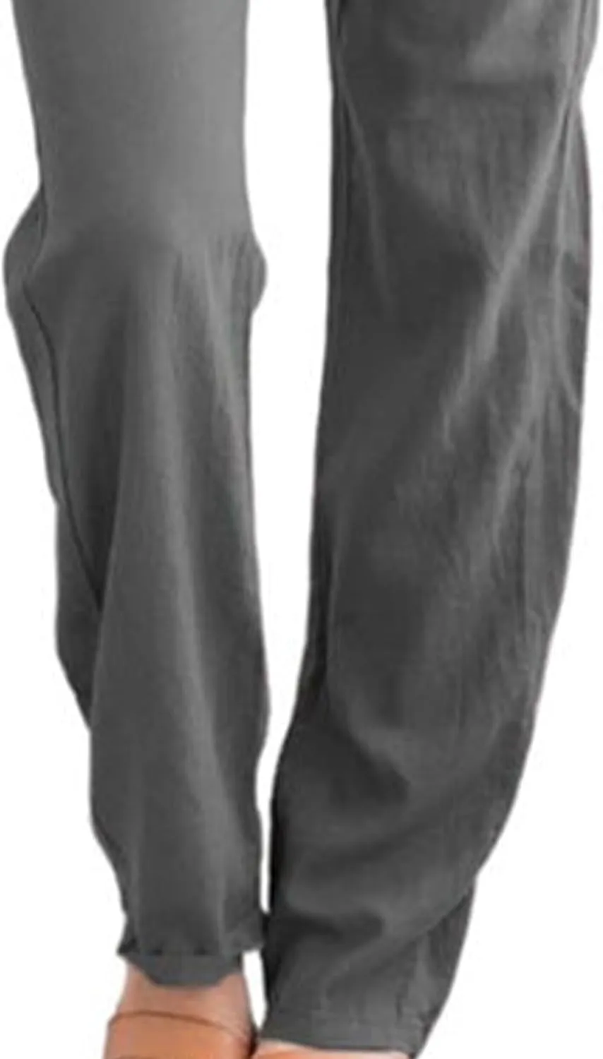 Womens Casual Soft Linen High Waist Pants Drawstring Loose Fit Spring Summer Pants Trousers with Side Pockets