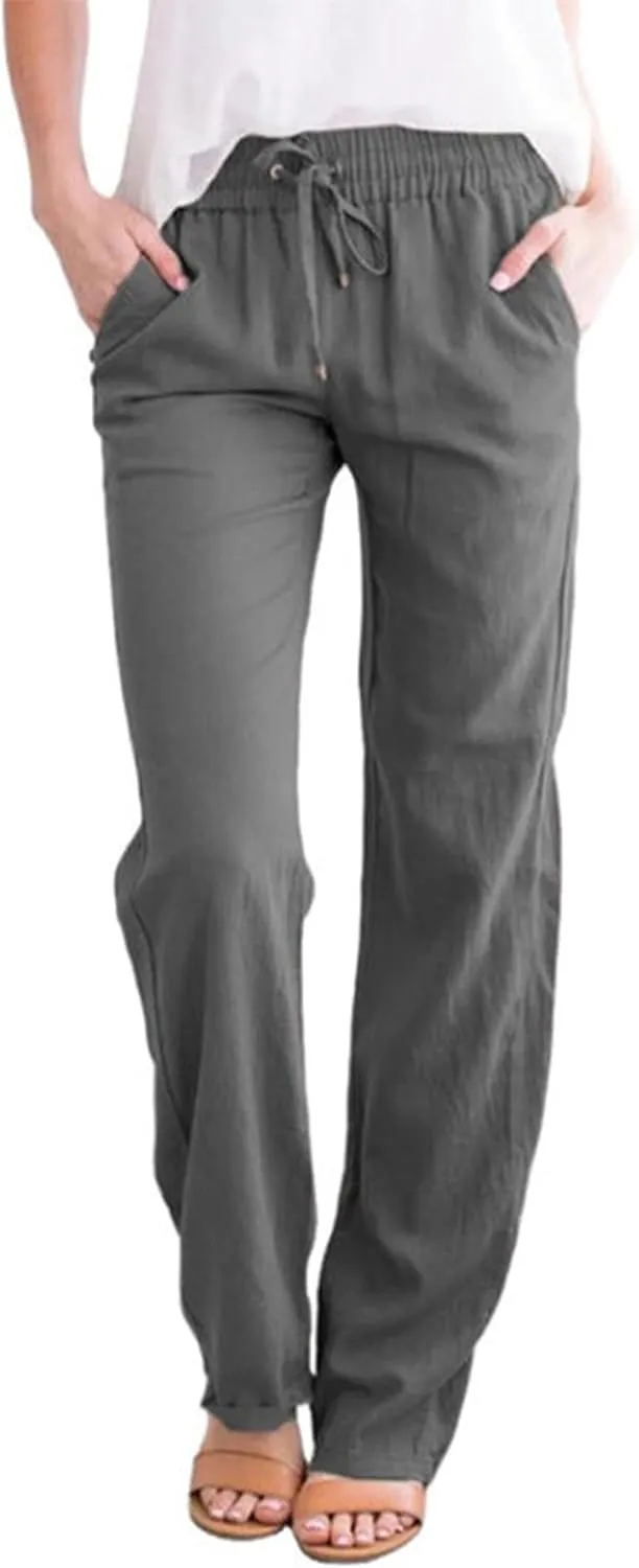 Womens Casual Soft Linen High Waist Pants Drawstring Loose Fit Spring Summer Pants Trousers with Side Pockets