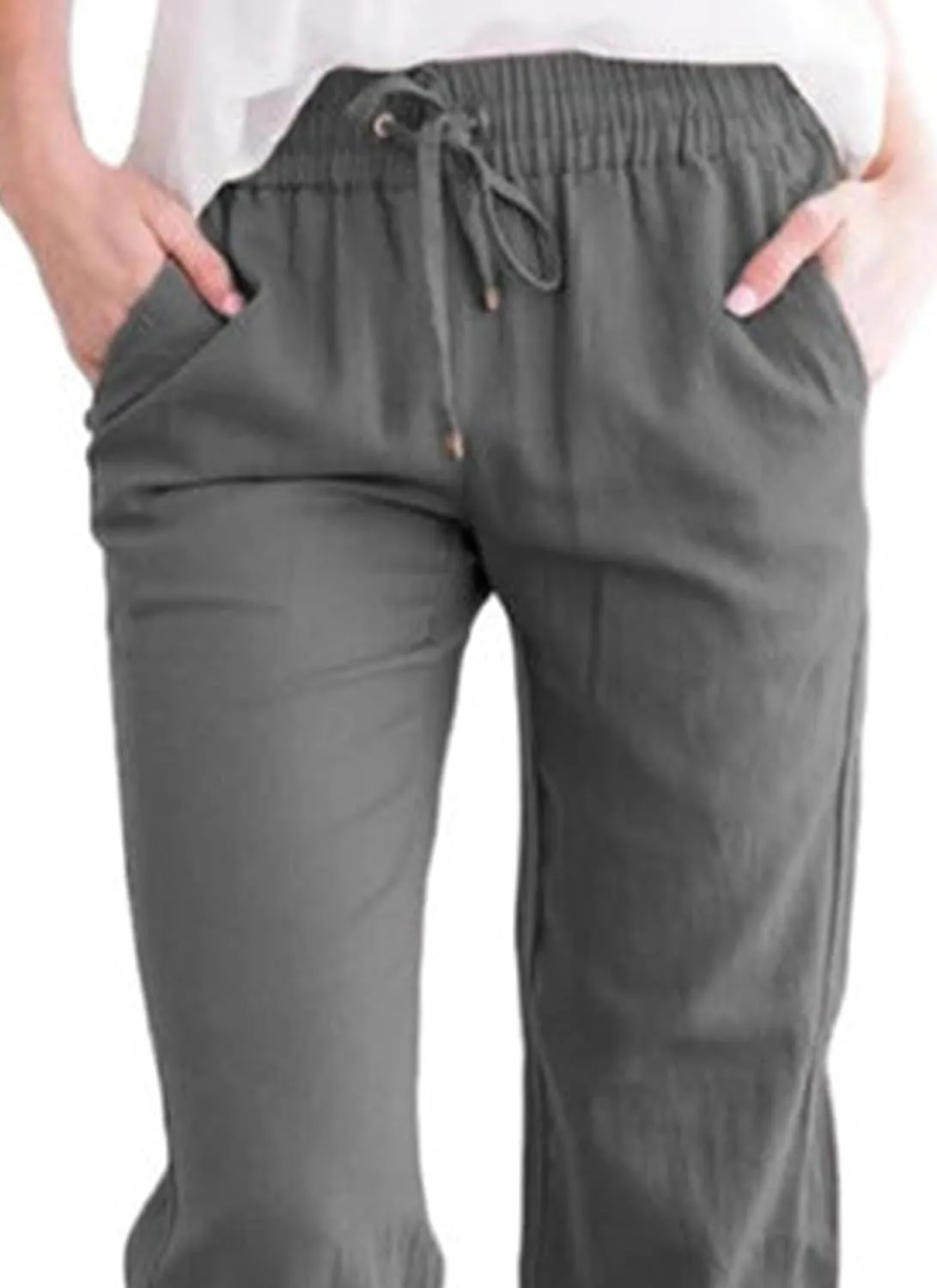 Womens Casual Soft Linen High Waist Pants Drawstring Loose Fit Spring Summer Pants Trousers with Side Pockets