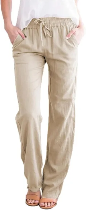 Womens Casual Soft Linen High Waist Pants Drawstring Loose Fit Spring Summer Pants Trousers with Side Pockets