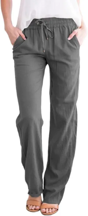 Womens Casual Soft Linen High Waist Pants Drawstring Loose Fit Spring Summer Pants Trousers with Side Pockets