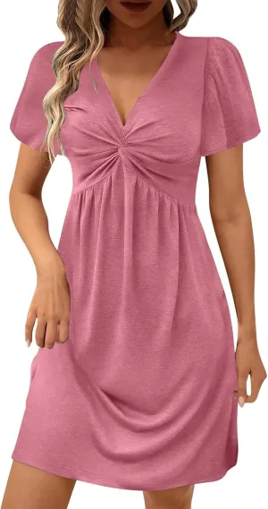 Women's Casual Summer Twist Front V Neck Ruffle Short Sleeve Mini Dress Sexy Elegant Club Party Tunic Mini Dresses