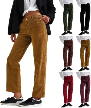 Womens Corduroy Pants Trendy Straight Leg High Waisted Work Pants Trousers Ladies Elastic Waist Pants with Pockets