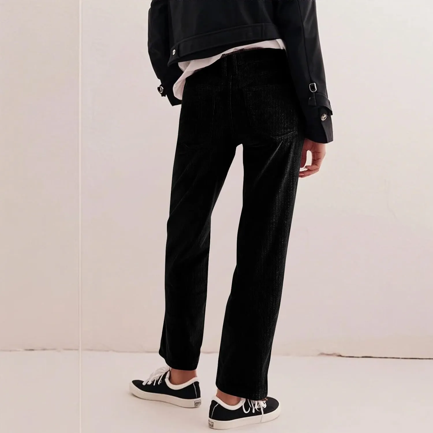 Womens Corduroy Pants Trendy Straight Leg High Waisted Work Pants Trousers Ladies Elastic Waist Pants with Pockets