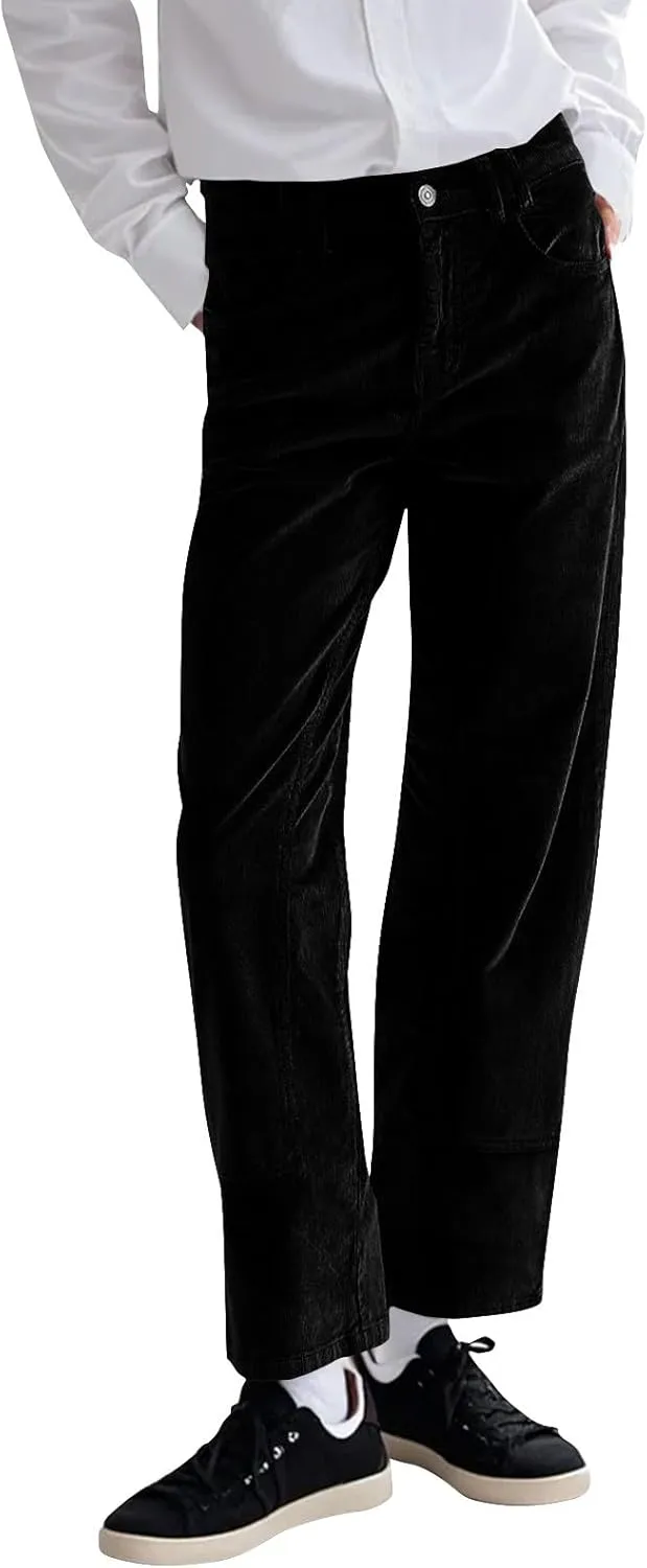 Womens Corduroy Pants Trendy Straight Leg High Waisted Work Pants Trousers Ladies Elastic Waist Pants with Pockets