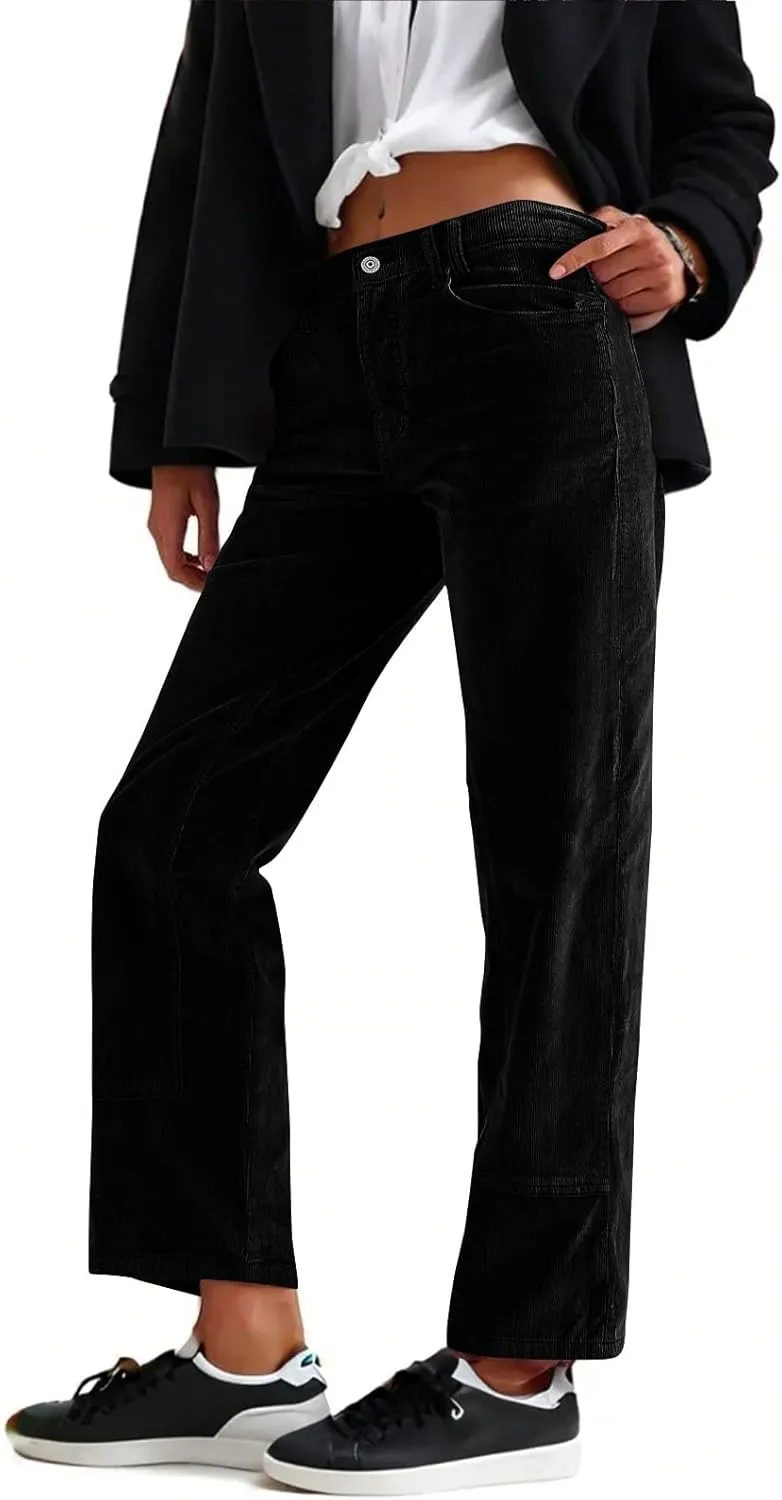 Womens Corduroy Pants Trendy Straight Leg High Waisted Work Pants Trousers Ladies Elastic Waist Pants with Pockets