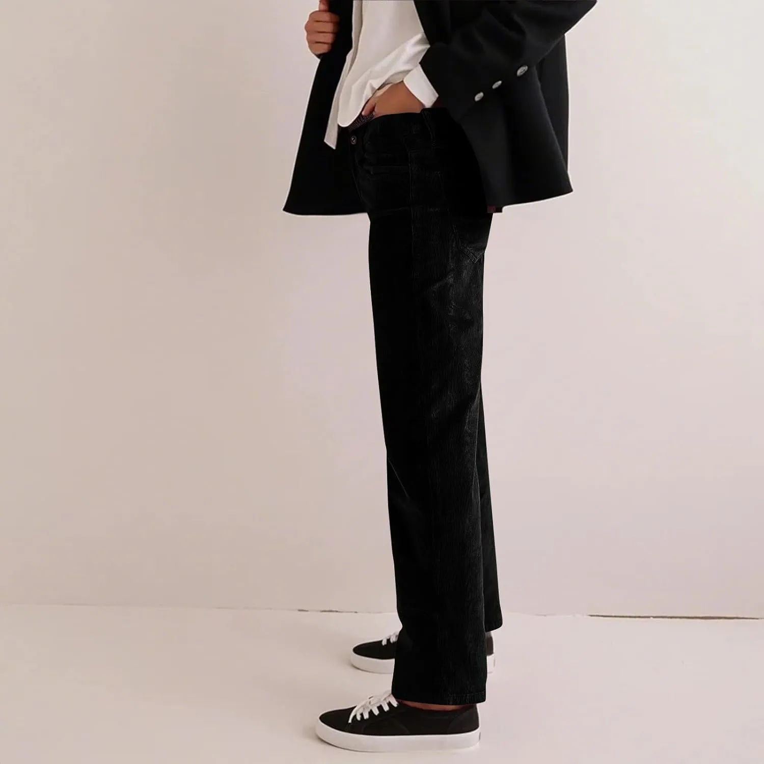 Womens Corduroy Pants Trendy Straight Leg High Waisted Work Pants Trousers Ladies Elastic Waist Pants with Pockets
