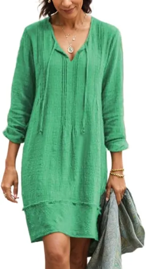 Women's Cotton Linen Casual Loose Shift Tunic Dress Summer Pleated Tassel Tie Long Sleeve Beach Midi Tshirt Dress