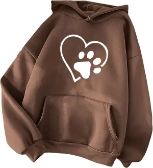 Womens Dog Paw Print Hoodies Cute Heart Graphic Sweatshirts Casual Loose Fit Long Sleeve Hooded Pocketed Pullover