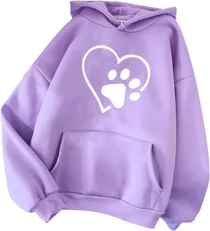 Womens Dog Paw Print Hoodies Cute Heart Graphic Sweatshirts Casual Loose Fit Long Sleeve Hooded Pocketed Pullover