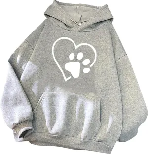 Womens Dog Paw Print Hoodies Cute Heart Graphic Sweatshirts Casual Loose Fit Long Sleeve Hooded Pocketed Pullover