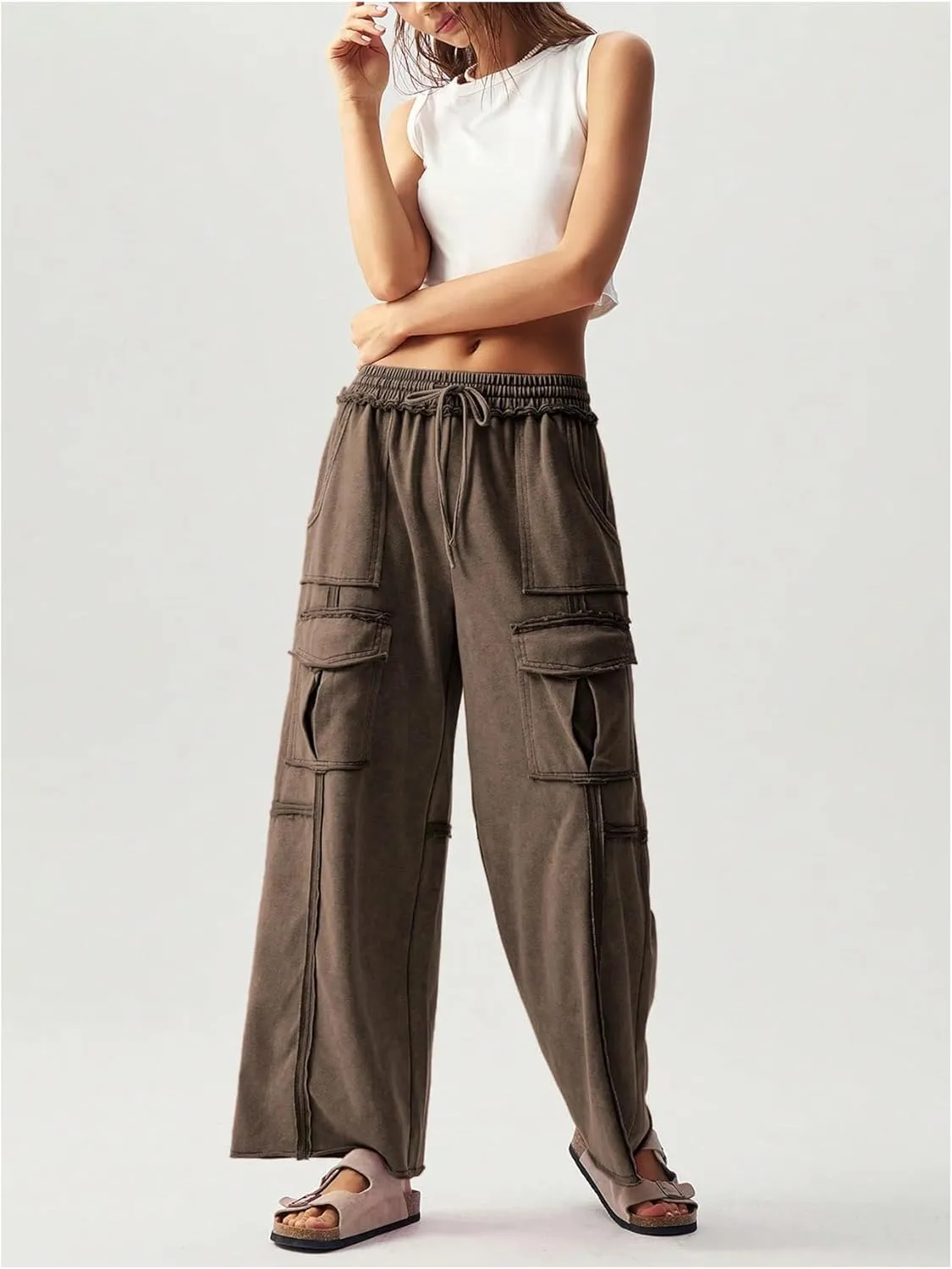 Women's Drawstring Waist Baggy Cargo Pants Y2k Wide Leg Trousers with Pocket