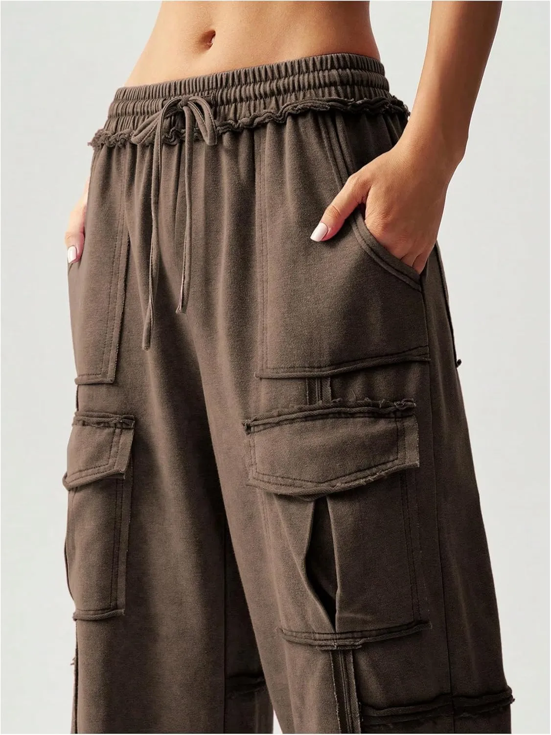 Women's Drawstring Waist Baggy Cargo Pants Y2k Wide Leg Trousers with Pocket
