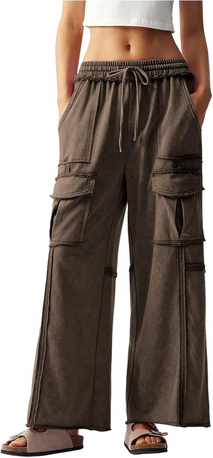 Women's Drawstring Waist Baggy Cargo Pants Y2k Wide Leg Trousers with Pocket