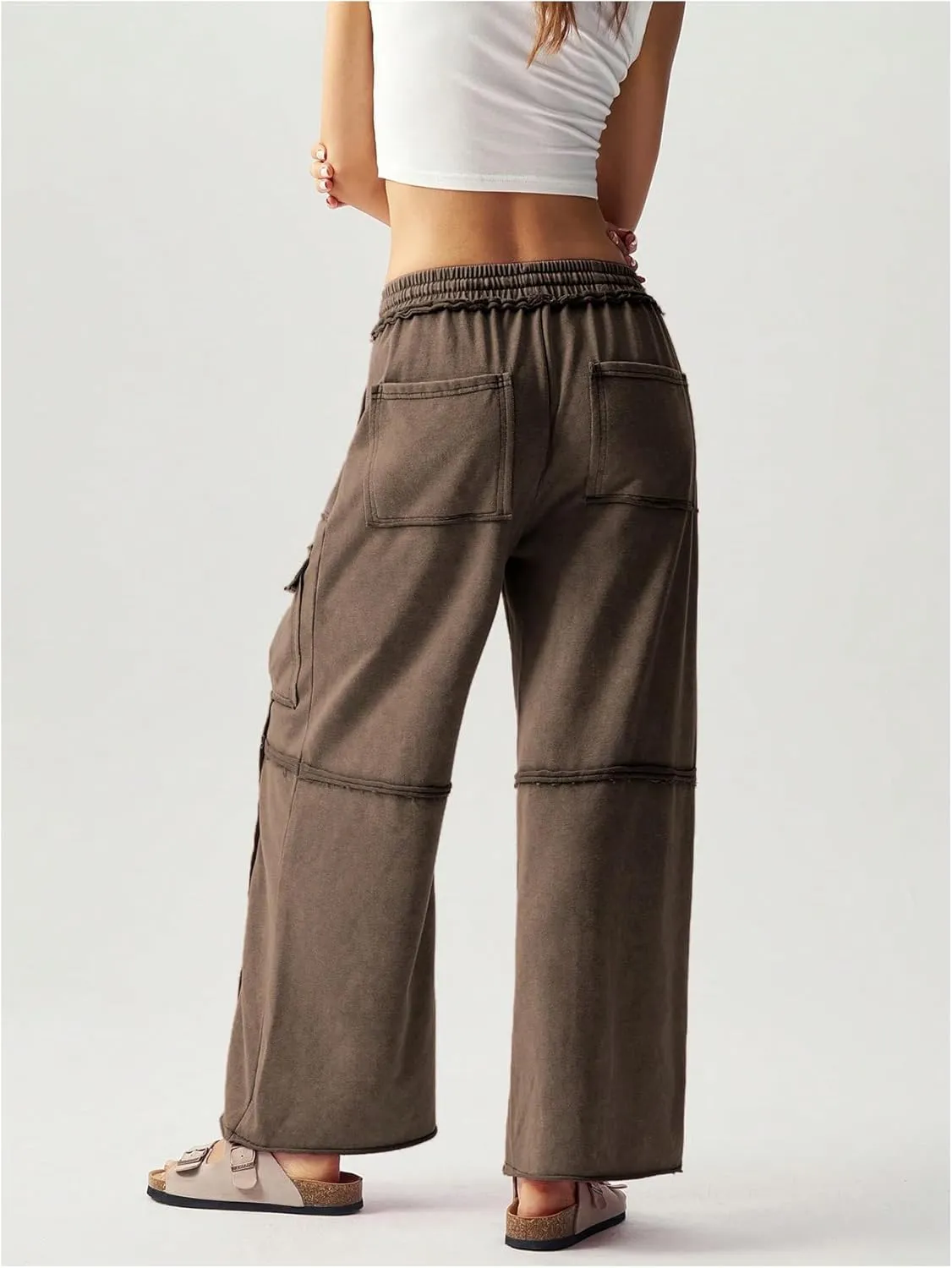 Women's Drawstring Waist Baggy Cargo Pants Y2k Wide Leg Trousers with Pocket