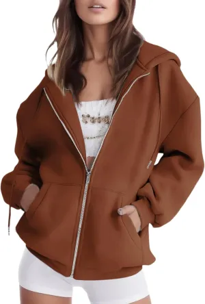 Women's Drawstring Zip Up Cute Hoodies Fall Jacket Oversized Casual Sweatshirts with Pocket 2025 Trendy