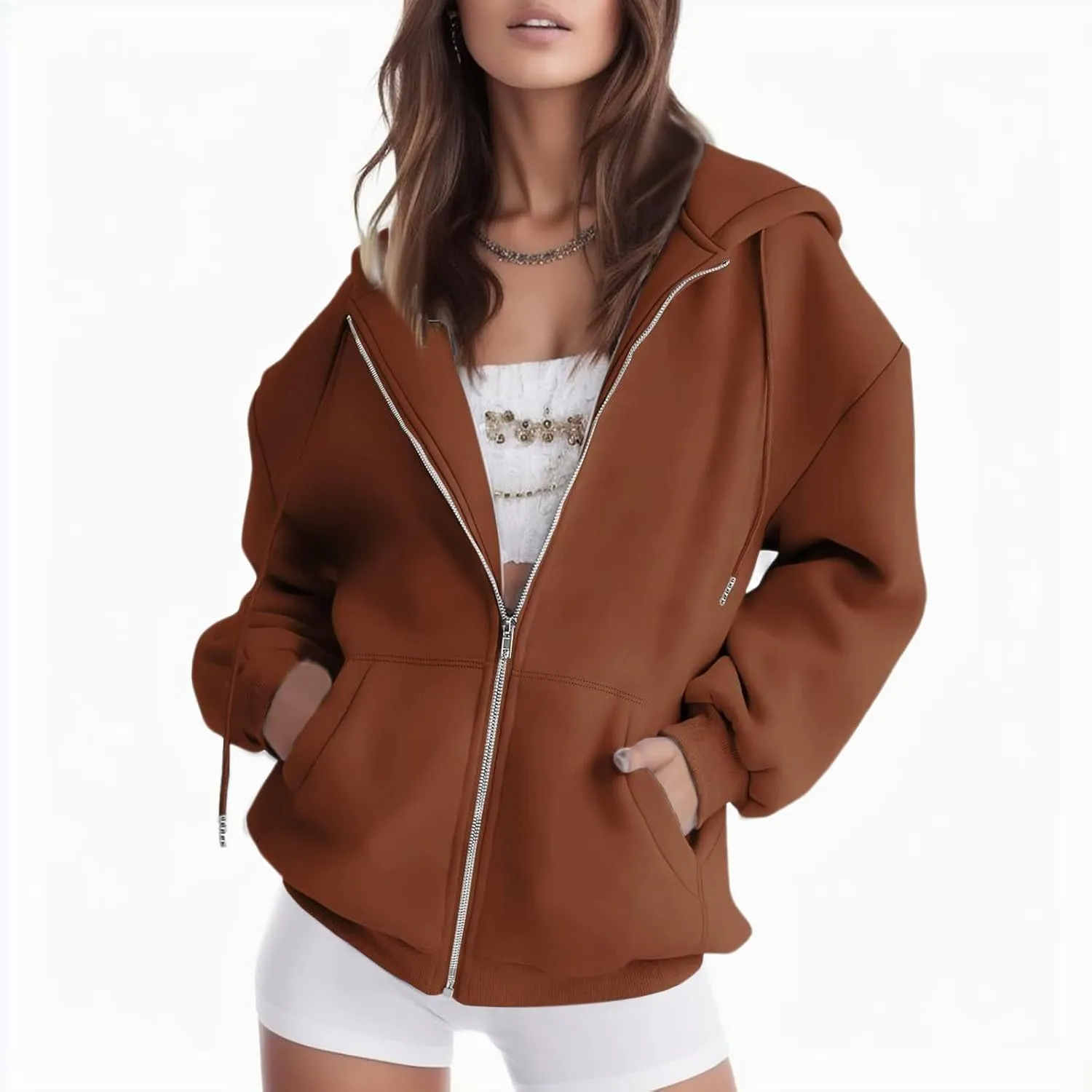 Women's Drawstring Zip Up Cute Hoodies Fall Jacket Oversized Casual Sweatshirts with Pocket 2025 Trendy