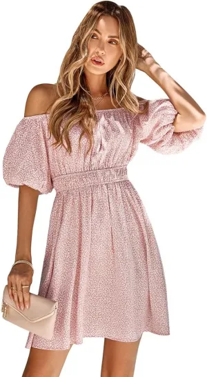 Women's Dresses Short Puff Sleeve Floral Mini Bodycon Off Shoulder Gown Summer Square Neck A Line Ruffle Smocked Dress