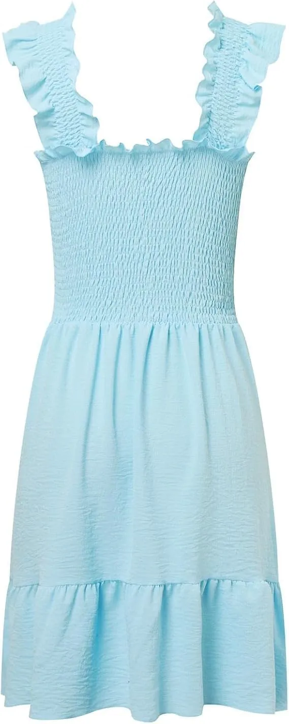 Women's Dresses Solid Color Square Collar Sleeveless Smocked Ruffle Dress High Waist Backless Tiered Mini Dresses