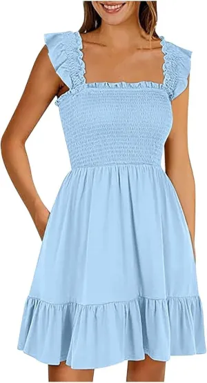Women's Dresses Solid Color Square Collar Sleeveless Smocked Ruffle Dress High Waist Backless Tiered Mini Dresses