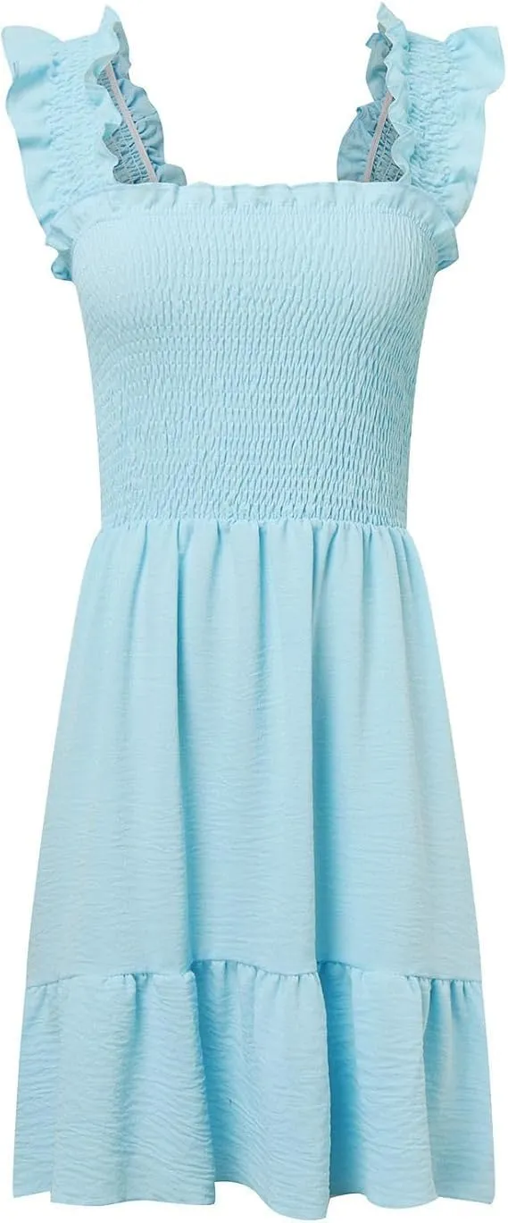 Women's Dresses Solid Color Square Collar Sleeveless Smocked Ruffle Dress High Waist Backless Tiered Mini Dresses